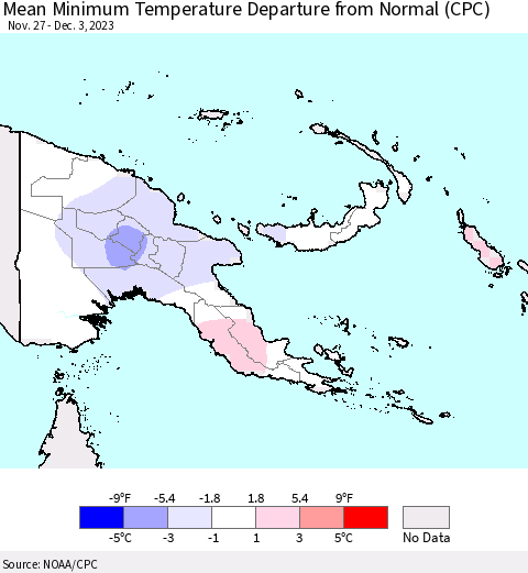 Papua New Guinea Mean Minimum Temperature Departure from Normal (CPC) Thematic Map For 11/27/2023 - 12/3/2023