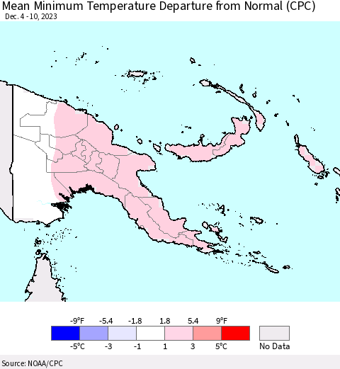 Papua New Guinea Mean Minimum Temperature Departure from Normal (CPC) Thematic Map For 12/4/2023 - 12/10/2023