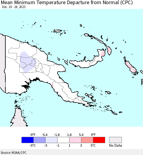 Papua New Guinea Mean Minimum Temperature Departure from Normal (CPC) Thematic Map For 12/18/2023 - 12/24/2023