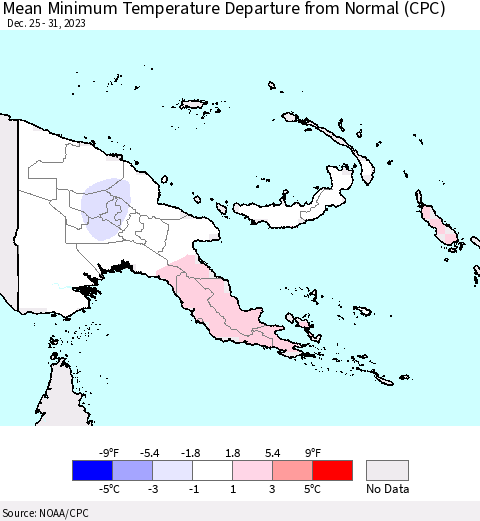 Papua New Guinea Mean Minimum Temperature Departure from Normal (CPC) Thematic Map For 12/25/2023 - 12/31/2023