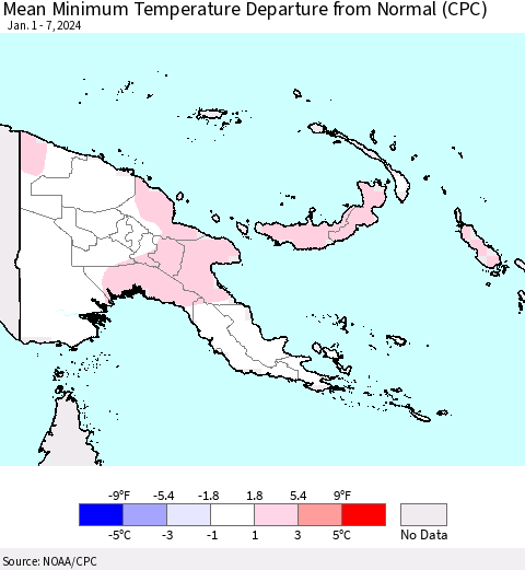 Papua New Guinea Mean Minimum Temperature Departure from Normal (CPC) Thematic Map For 1/1/2024 - 1/7/2024