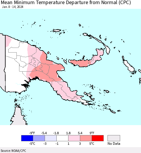 Papua New Guinea Mean Minimum Temperature Departure from Normal (CPC) Thematic Map For 1/8/2024 - 1/14/2024