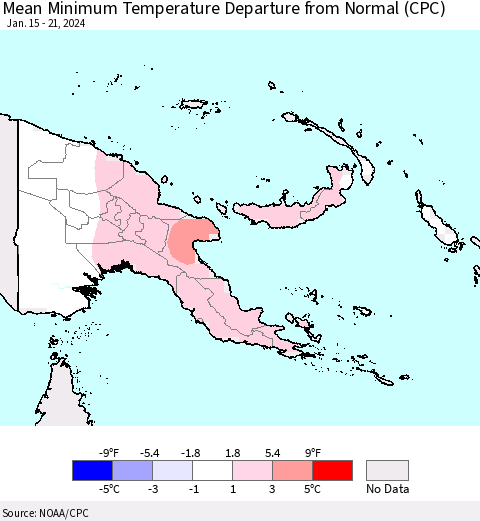 Papua New Guinea Mean Minimum Temperature Departure from Normal (CPC) Thematic Map For 1/15/2024 - 1/21/2024