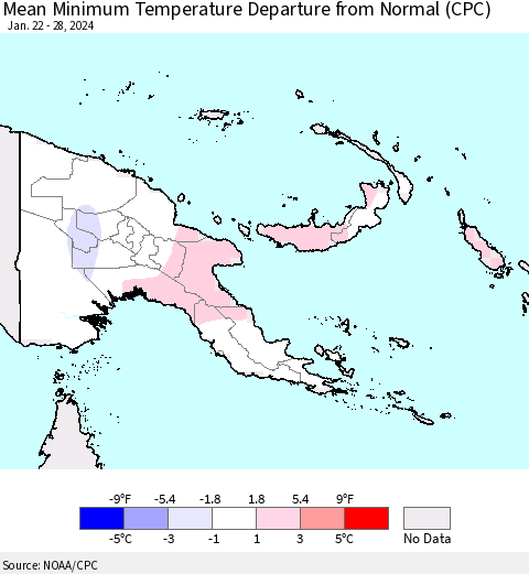 Papua New Guinea Mean Minimum Temperature Departure from Normal (CPC) Thematic Map For 1/22/2024 - 1/28/2024