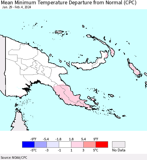 Papua New Guinea Mean Minimum Temperature Departure from Normal (CPC) Thematic Map For 1/29/2024 - 2/4/2024