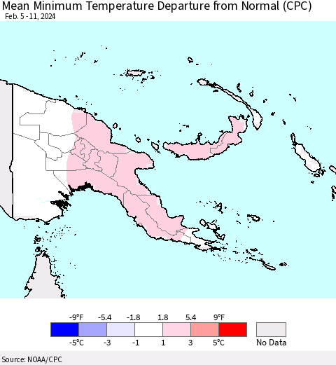 Papua New Guinea Mean Minimum Temperature Departure from Normal (CPC) Thematic Map For 2/5/2024 - 2/11/2024