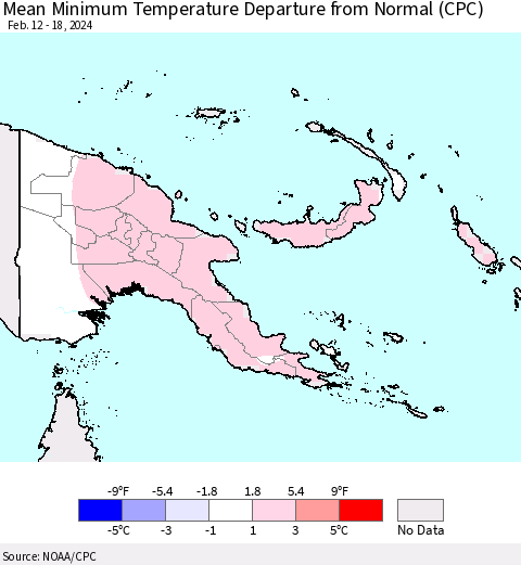 Papua New Guinea Mean Minimum Temperature Departure from Normal (CPC) Thematic Map For 2/12/2024 - 2/18/2024