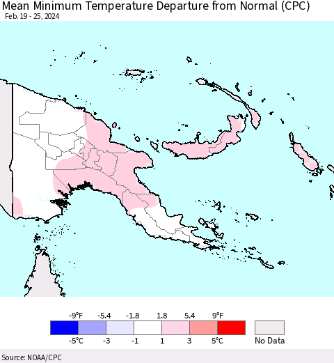 Papua New Guinea Mean Minimum Temperature Departure from Normal (CPC) Thematic Map For 2/19/2024 - 2/25/2024