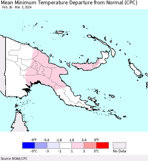 Papua New Guinea Mean Minimum Temperature Departure from Normal (CPC) Thematic Map For 2/26/2024 - 3/3/2024