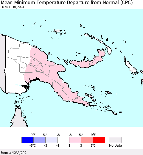 Papua New Guinea Mean Minimum Temperature Departure from Normal (CPC) Thematic Map For 3/4/2024 - 3/10/2024