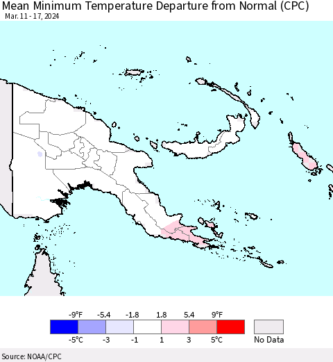 Papua New Guinea Mean Minimum Temperature Departure from Normal (CPC) Thematic Map For 3/11/2024 - 3/17/2024