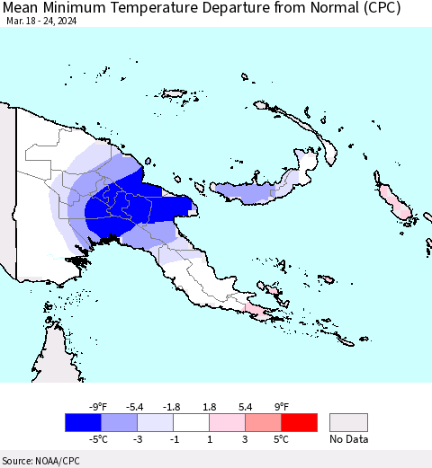 Papua New Guinea Mean Minimum Temperature Departure from Normal (CPC) Thematic Map For 3/18/2024 - 3/24/2024