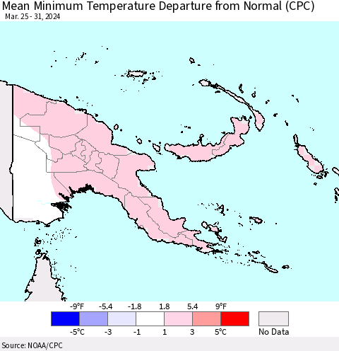 Papua New Guinea Mean Minimum Temperature Departure from Normal (CPC) Thematic Map For 3/25/2024 - 3/31/2024