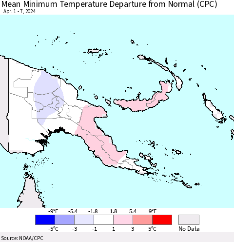 Papua New Guinea Mean Minimum Temperature Departure from Normal (CPC) Thematic Map For 4/1/2024 - 4/7/2024