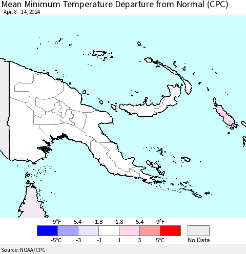 Papua New Guinea Mean Minimum Temperature Departure from Normal (CPC) Thematic Map For 4/8/2024 - 4/14/2024