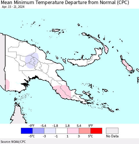 Papua New Guinea Mean Minimum Temperature Departure from Normal (CPC) Thematic Map For 4/15/2024 - 4/21/2024