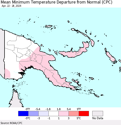 Papua New Guinea Mean Minimum Temperature Departure from Normal (CPC) Thematic Map For 4/22/2024 - 4/28/2024