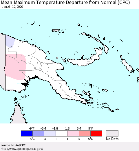 Papua New Guinea Mean Maximum Temperature Departure from Normal (CPC) Thematic Map For 1/6/2020 - 1/12/2020
