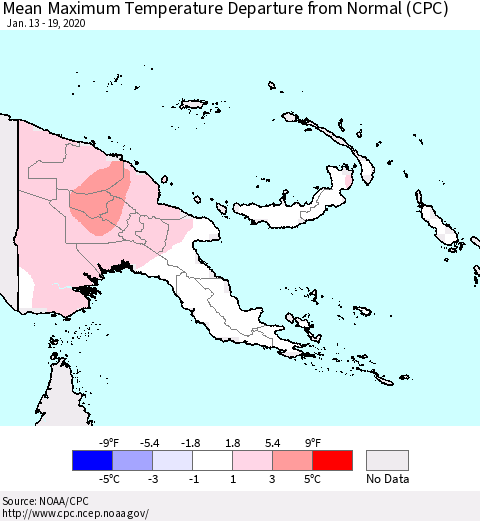 Papua New Guinea Mean Maximum Temperature Departure from Normal (CPC) Thematic Map For 1/13/2020 - 1/19/2020