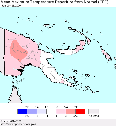 Papua New Guinea Mean Maximum Temperature Departure from Normal (CPC) Thematic Map For 1/20/2020 - 1/26/2020