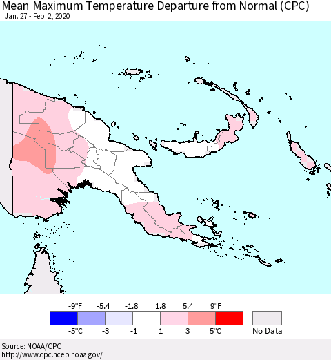 Papua New Guinea Mean Maximum Temperature Departure from Normal (CPC) Thematic Map For 1/27/2020 - 2/2/2020