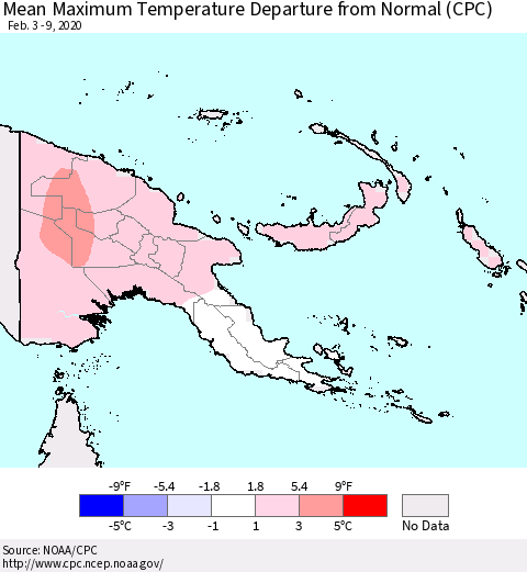 Papua New Guinea Mean Maximum Temperature Departure from Normal (CPC) Thematic Map For 2/3/2020 - 2/9/2020
