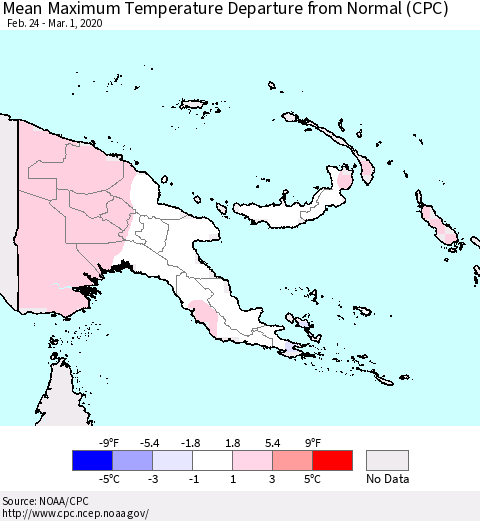 Papua New Guinea Mean Maximum Temperature Departure from Normal (CPC) Thematic Map For 2/24/2020 - 3/1/2020