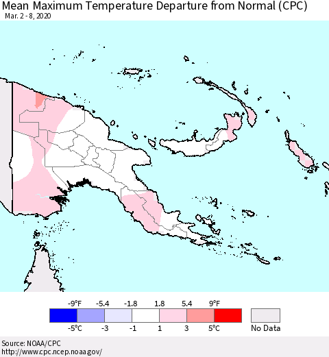 Papua New Guinea Mean Maximum Temperature Departure from Normal (CPC) Thematic Map For 3/2/2020 - 3/8/2020