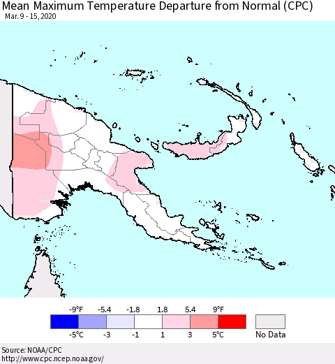 Papua New Guinea Mean Maximum Temperature Departure from Normal (CPC) Thematic Map For 3/9/2020 - 3/15/2020