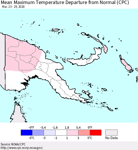 Papua New Guinea Mean Maximum Temperature Departure from Normal (CPC) Thematic Map For 3/23/2020 - 3/29/2020