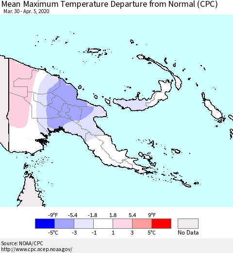 Papua New Guinea Mean Maximum Temperature Departure from Normal (CPC) Thematic Map For 3/30/2020 - 4/5/2020