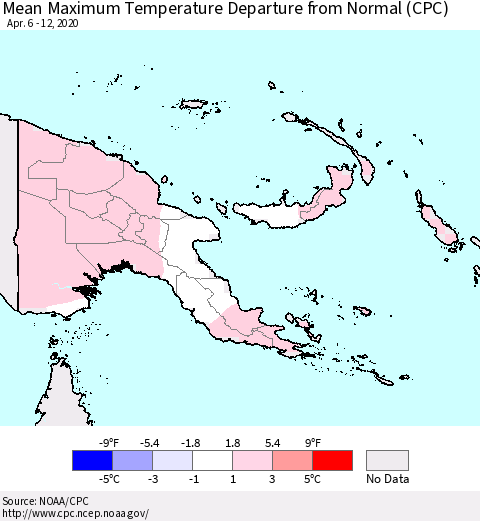 Papua New Guinea Mean Maximum Temperature Departure from Normal (CPC) Thematic Map For 4/6/2020 - 4/12/2020