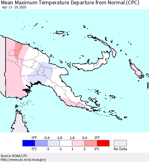 Papua New Guinea Mean Maximum Temperature Departure from Normal (CPC) Thematic Map For 4/13/2020 - 4/19/2020