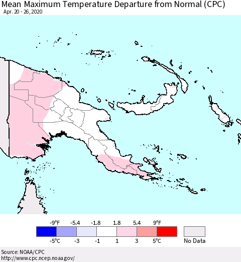 Papua New Guinea Mean Maximum Temperature Departure from Normal (CPC) Thematic Map For 4/20/2020 - 4/26/2020