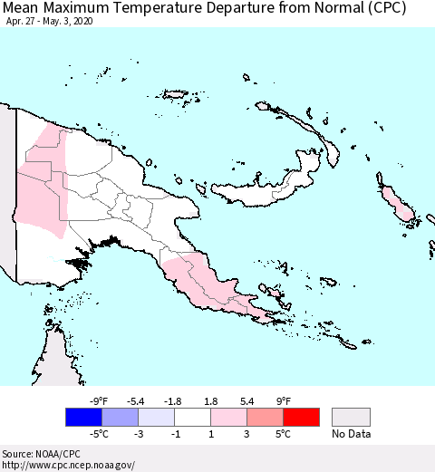 Papua New Guinea Mean Maximum Temperature Departure from Normal (CPC) Thematic Map For 4/27/2020 - 5/3/2020