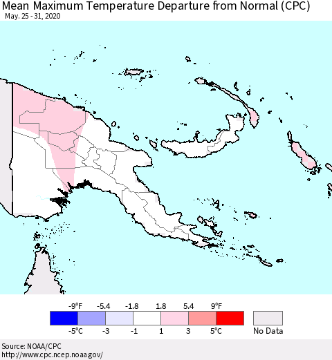 Papua New Guinea Mean Maximum Temperature Departure from Normal (CPC) Thematic Map For 5/25/2020 - 5/31/2020