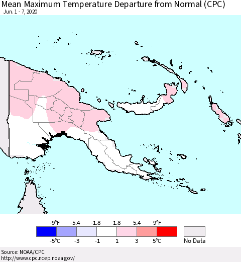Papua New Guinea Mean Maximum Temperature Departure from Normal (CPC) Thematic Map For 6/1/2020 - 6/7/2020