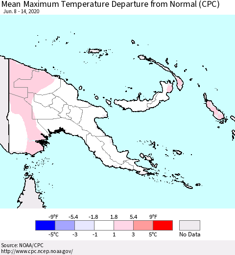 Papua New Guinea Mean Maximum Temperature Departure from Normal (CPC) Thematic Map For 6/8/2020 - 6/14/2020