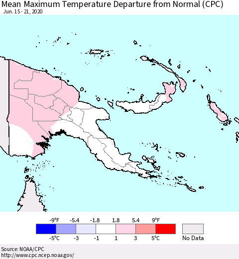 Papua New Guinea Mean Maximum Temperature Departure from Normal (CPC) Thematic Map For 6/15/2020 - 6/21/2020