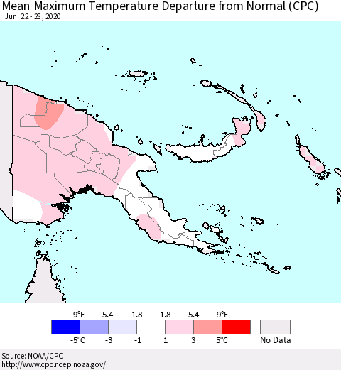 Papua New Guinea Mean Maximum Temperature Departure from Normal (CPC) Thematic Map For 6/22/2020 - 6/28/2020
