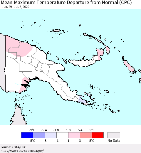 Papua New Guinea Mean Maximum Temperature Departure from Normal (CPC) Thematic Map For 6/29/2020 - 7/5/2020