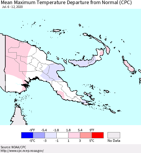 Papua New Guinea Mean Maximum Temperature Departure from Normal (CPC) Thematic Map For 7/6/2020 - 7/12/2020