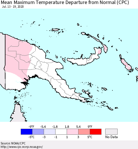 Papua New Guinea Mean Maximum Temperature Departure from Normal (CPC) Thematic Map For 7/13/2020 - 7/19/2020