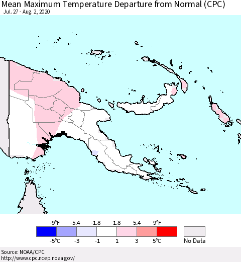 Papua New Guinea Mean Maximum Temperature Departure from Normal (CPC) Thematic Map For 7/27/2020 - 8/2/2020
