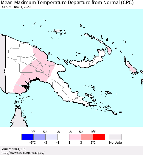 Papua New Guinea Mean Maximum Temperature Departure from Normal (CPC) Thematic Map For 10/26/2020 - 11/1/2020
