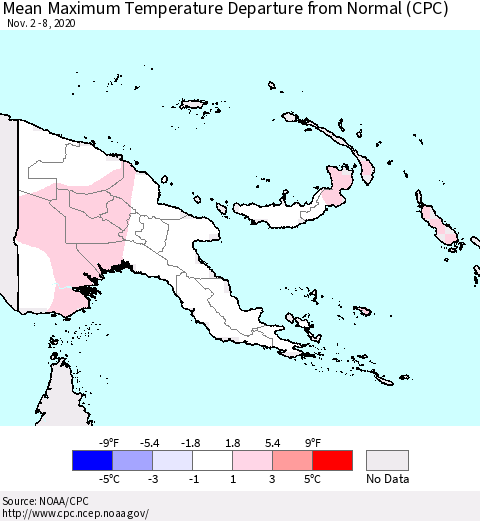 Papua New Guinea Mean Maximum Temperature Departure from Normal (CPC) Thematic Map For 11/2/2020 - 11/8/2020