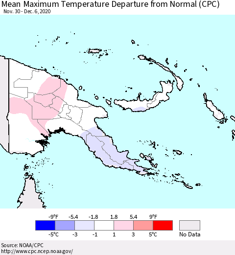 Papua New Guinea Mean Maximum Temperature Departure from Normal (CPC) Thematic Map For 11/30/2020 - 12/6/2020
