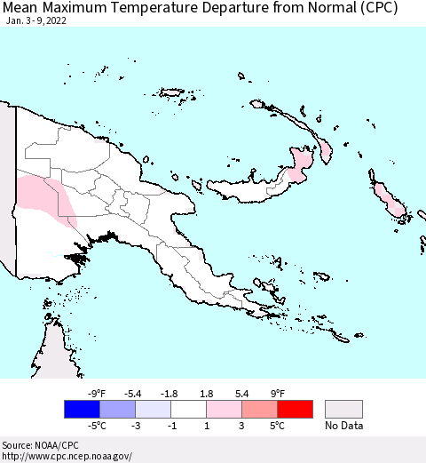 Papua New Guinea Mean Maximum Temperature Departure from Normal (CPC) Thematic Map For 1/3/2022 - 1/9/2022