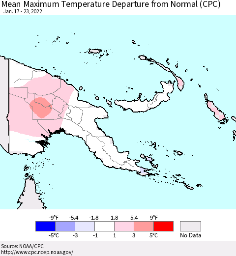 Papua New Guinea Mean Maximum Temperature Departure from Normal (CPC) Thematic Map For 1/17/2022 - 1/23/2022