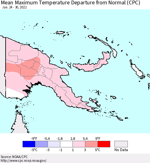 Papua New Guinea Mean Maximum Temperature Departure from Normal (CPC) Thematic Map For 1/24/2022 - 1/30/2022